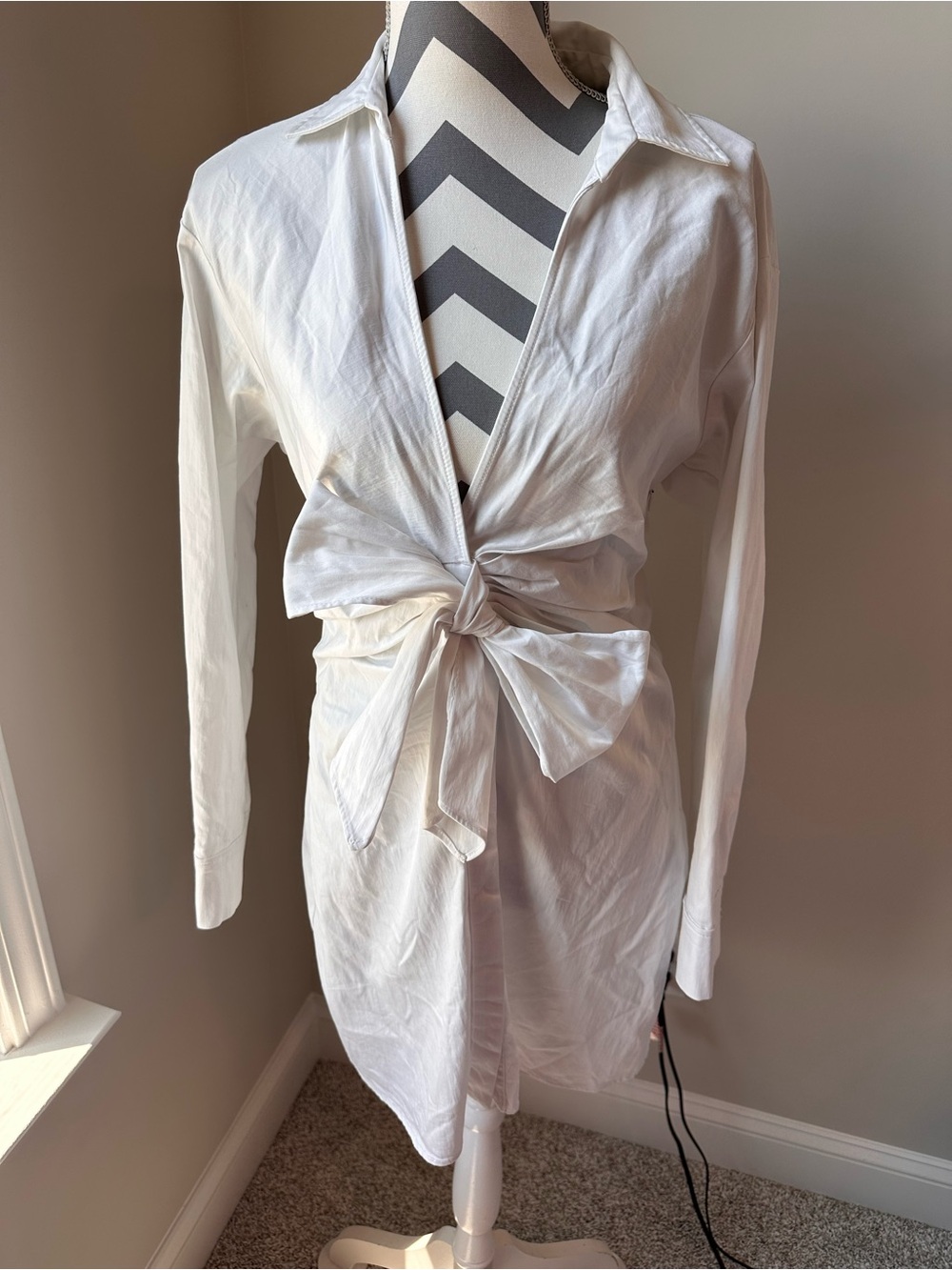 Zara White Stretch Poplin Shirt Dress Large Mini MultiWay Tie Bachelorette Party - Picture 4 of 11